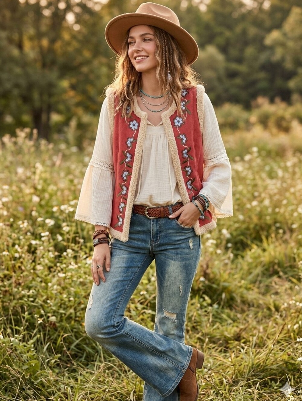 Sherpa Lined Vegan Suede Boho Vest with Floral Embroidery - Size S
